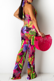 Multicolor Sexy Print Patchwork Halter Boot Cut Jumpsuits