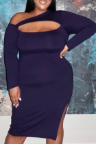 Tibetan Blue Sexy Solid Hollowed Out One Shoulder Plus Size Dresses