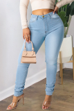 Medium Blue Casual Solid Draw String Plus Size Jeans