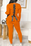 Tangerine Casual Solid Bandage Patchwork Flounce O Neck Long Sleeve Two Pieces