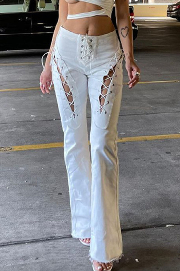 White Sexy Casual Solid Hollowed Out Patchwork Frenulum Straight High Waist Straight Solid Color Bottoms