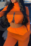 Orange Fashion Casual Solid Zipper Turtleneck Tops