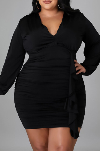 Black Sexy Solid Patchwork Flounce Fold V Neck Long Sleeve Plus Size Dresses