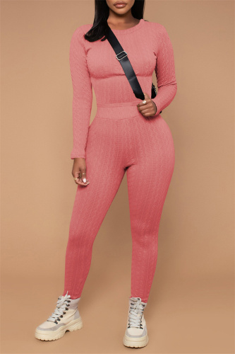 Pink Fashion Casual Solid Basic O Neck Long Sleeve Two Pieces