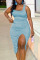 Sky Blue Casual Solid Split Joint High Opening Fold Asymmetrical U Neck Pencil Skirt Plus Size Dresses