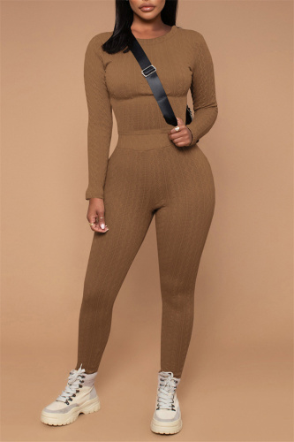 Coffee Fashion Casual Solid Basic O Neck Long Sleeve Two Pieces