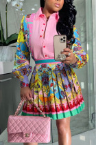 Pink Yellow Sweet Print Patchwork Turndown Collar Long Sleeve Two Pieces