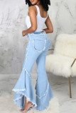 Baby Blue Fashion Casual Solid Patchwork High Waist Boot Cut Jeans