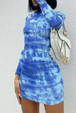 Blue Fashion Sexy Print Basic Half A Turtleneck Long Sleeve Dresses