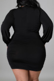 Black Sexy Solid Patchwork Flounce Fold V Neck Long Sleeve Plus Size Dresses