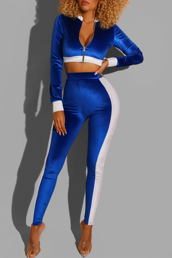 Blue Sexy Solid Split Joint Zipper Collar Long Sleeve Two Pieces