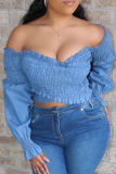 Blue Sexy Solid Fold Off the Shoulder Tops