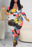 White Sexy Print Patchwork V Neck Plus Size Jumpsuits