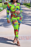 Green Casual Print Patchwork Buckle Knotted Turndown Collar Long Sleeve Two Pieces