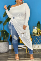 White Casual Solid Patchwork One Shoulder Plus Size Dresses