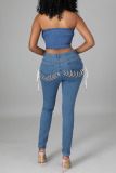 Blue Street Solid Hollowed Out Split Joint Frenulum High Waist Denim Jeans
