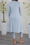 Blue Gray Fashion Casual Solid Cardigan Vests Pants U Neck Long Sleeve Three-piece Set