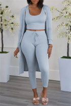 Blue Gray Fashion Casual Solid Cardigan Vests Pants U Neck Long Sleeve Three-piece Set