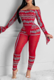 Red Sexy Print Patchwork Off the Shoulder Long Sleeve Two Pieces