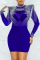 Blue Fashion Patchwork Hot Drilling See-through Half A Turtleneck Long Sleeve Dresses