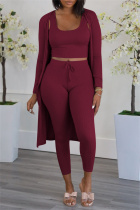 Burgundy Fashion Casual Solid Cardigan Vests Pants U Neck Long Sleeve Three-piece Set