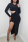 Black Fashion Sexy Solid Slit O Neck Long Sleeve Two Pieces