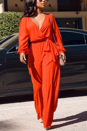 Orange Sexy Fashion bandage Patchwork Solid Long Sleeve V Neck Jumpsuits