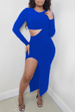 Blue Fashion Sexy Solid Slit O Neck Long Sleeve Two Pieces