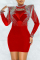 Red Fashion Patchwork Hot Drilling See-through Half A Turtleneck Long Sleeve Dresses