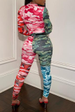 Rose Red Sexy Camouflage Print Patchwork O Neck Long Sleeve Two Pieces