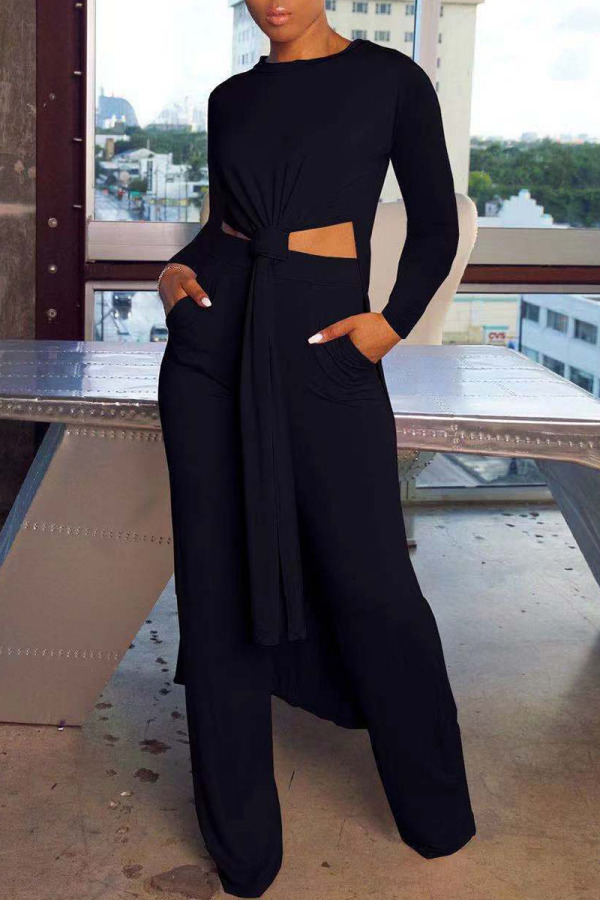 Black Casual Solid Patchwork Slit O Neck Long Sleeve Two Pieces