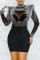 Black Fashion Patchwork Hot Drilling See-through Half A Turtleneck Long Sleeve Dresses