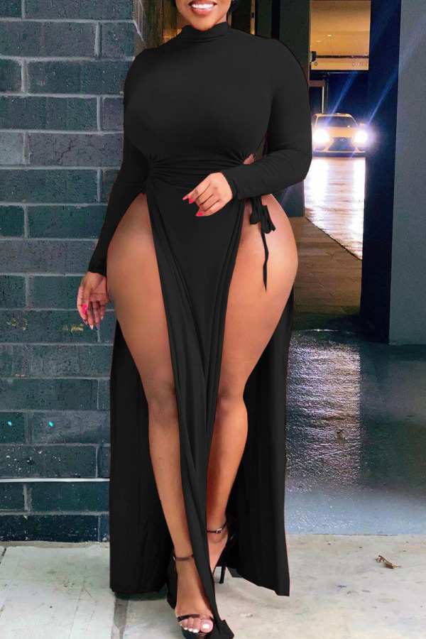 Black Sexy Solid Hollowed Out Patchwork Frenulum High Opening Half A Turtleneck Straight Plus Size Dresses