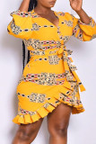Yellow Fashion Casual Print Bandage V Neck Irregular Dress