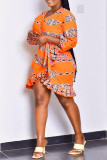 Orange Fashion Casual Print Bandage V Neck Irregular Dress