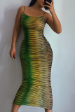 Green Sexy Print Split Joint Spaghetti Strap Pencil Skirt Dresses