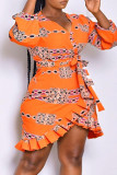 Orange Fashion Casual Print Bandage V Neck Irregular Dress