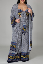 Grey Fashion Casual Print Cardigan Vests Pants Plus Size Three-piece Set