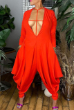 Red Sexy Casual Solid Hollowed Out V Neck Regular Jumpsuits