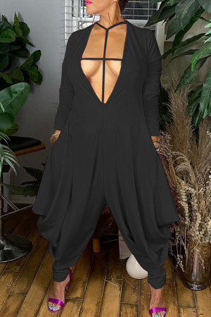 Black Sexy Casual Solid Hollowed Out V Neck Regular Jumpsuits