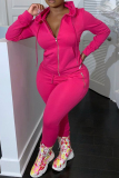 Pink Fashion Casual Solid Basic Hooded Collar Plus Size Two Pieces