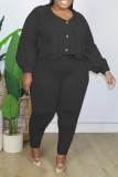 Black Fashion Casual Solid Patchwork V Neck Plus Size Two Pieces