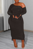 Orange Sexy Casual Plus Size Solid Backless Oblique Collar Long Sleeve Dresses