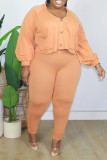 Light Orange Fashion Casual Solid Patchwork V Neck Plus Size Two Pieces