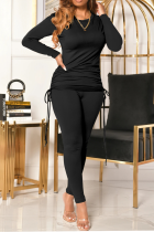 Black Casual Solid Draw String O Neck Long Sleeve Two Pieces