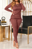 Burgundy Casual Solid Draw String O Neck Long Sleeve Two Pieces