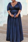 Royal Blue Fashion Plus Size Solid V Neck Long Sleeve Pleated Dresses