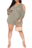 Green Casual Solid Patchwork V Neck Plus Size Jumpsuits