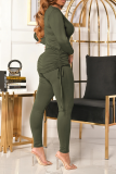 Khaki Casual Solid Draw String O Neck Long Sleeve Two Pieces