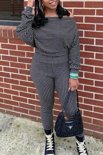 Black Casual Plaid Patchwork Off the Shoulder Long Sleeve Two Pieces